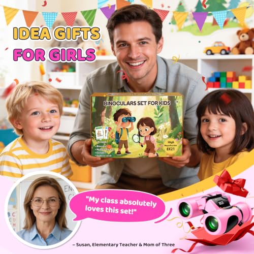 8x21 Kids Binoculars with 25 Scavenger Hunt Cards|Compass|Magnifying Glass, 3-12 Year Old Girls Birthday Gift Outdoor Explorer Kit for Girl Kid Ages 4-6-8-12 STEM Camping Toy Bird Watching Hiking - color: Pink