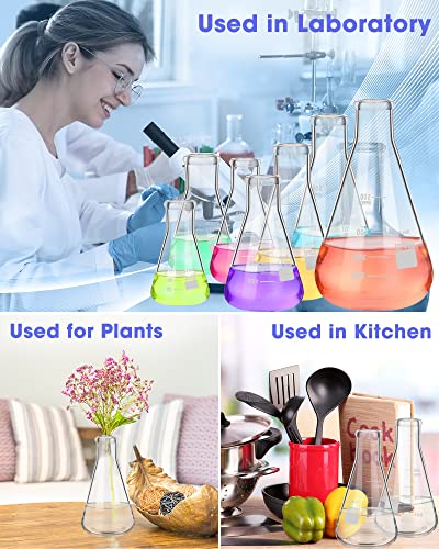 9 Pack Glass Erlenmeyer Flask Set with Glass Stirring Rod, 7 Sizes, 50ml, 100ml, 150ml, 200ml, 250ml, 300ml, 500ml, Narrow Mouth Borosilicate Erlenmeyer Flask with Printed Graduation for Lab Chemistry