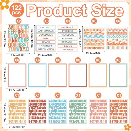 122Pcs Science Fair Board Supplies 72 Groovy Hippie Trim Scalloped Borders 36 Presentation Board Subtitles 6 Self Adhesive Project Titles 8 Letter Stickers for Classroom Office Decor(Groovy) - style: Groovy Hippie