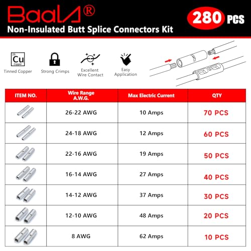 BAALA 280 PCS Non Insulated Butt Connectors Kit, 26-8 Gauge Butt Splice Connector Tinned Copper, Butt Connectors Crimp Wire Butt Connector for Wiring - color: Tinned Copper