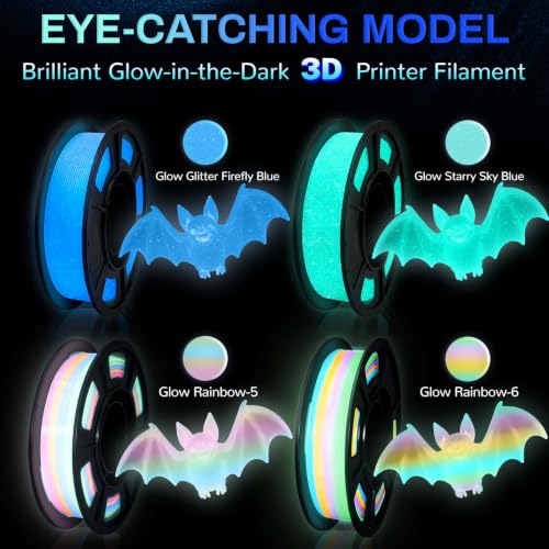 Glow in The Dark PLA+3D Printer Filament 1.75 mm, Stronger Lighting Effect, Glow Filament Multicolor for Most 3D Printers, 250g*4 Spools - Firefly Blue, Sky Blue, Rainbow5, Rainbow6 - color: Firefly Blue/Sky Blue/Rainbow5/Rainbow6