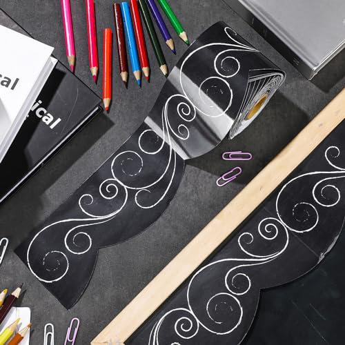 Outus 68 ft Black and White Bulletin Board Border, 2.99 in - size: 2.99 Inches, style: Swirls