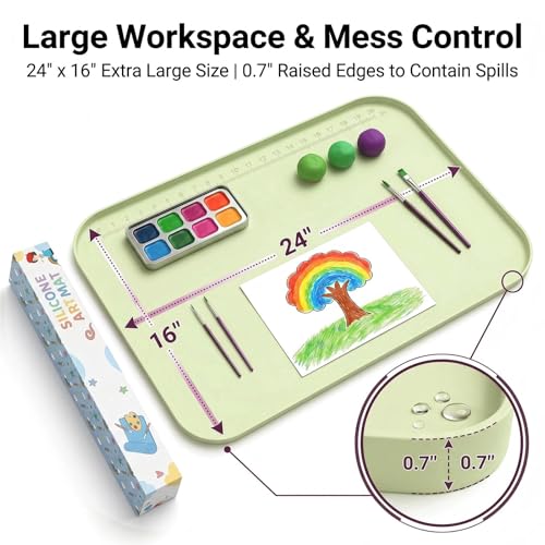 AWOKE 24"x16" Silicone Mats for Crafts 0.7" High Edges, Large Leak-Proof Art Mat for Resin, Painting, Clay, Slime, Non-Stick & Non-Slip Table Protector for Kids & Adults, Easy to Clean (Green) - color: Green