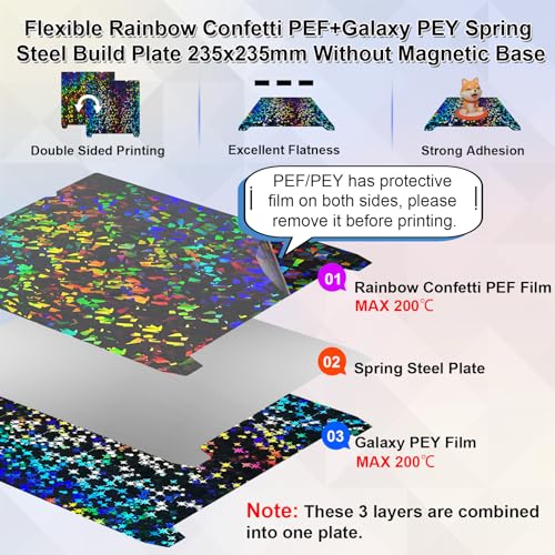 IdeaFormer-3D Rainbow Confetti PEF+Galaxy PEY Build Plate for Creality K1C/K1/K1 SE/Ender 3 V3 SE/Ender 3 V3 KE/Ender 3 S1/Pro/Ender 5 S1, Flexible PEF PEY Spring Steel Effect Sheet 235x235mm - color: Confetti PEF+Galaxy PEY