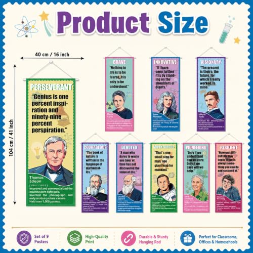 9 Pcs Famous Scientists Hanging Poster Educational Science Classroom Decor 41x16in Celebrity Inspirational Banner Decorations Motivational Wall Art for Back to School Classroom Library Office