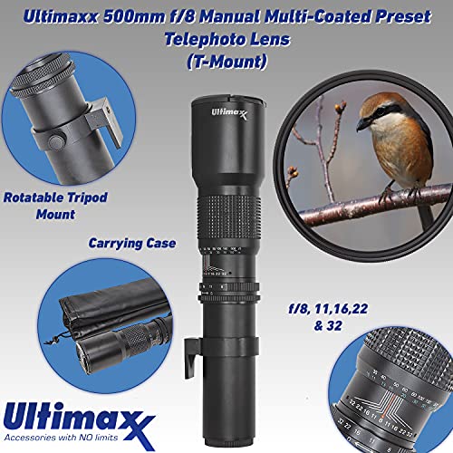 Ultimaxx 500mm f/8 (1000mm w/ 2X Converter) Preset Telephoto Lens Kit for D7500, D610, D750, D800, D810, D850, D3100, D3200, D3300, D3400, D5100, D5200, D5300, D5500, D5600, D7100, D7200 & More