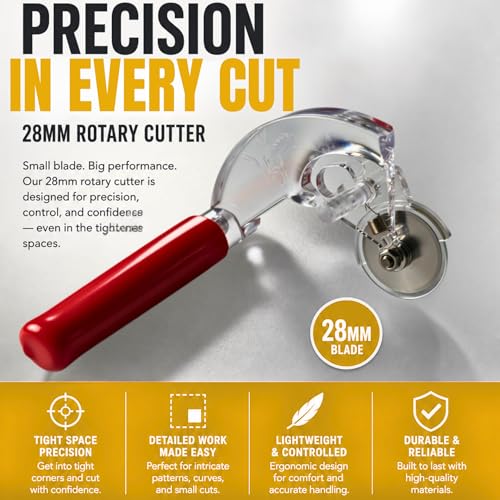 Martelli Ergonomic 28mm Rotary Cutter for Fabric and Crafts with Comfortable Handle Grip – Small Rotary Tool for Quilting, Tight Curved Sewing Patterns, Applique & Cardstock