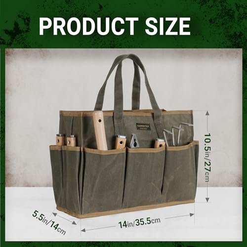 Waxed Canvas Garden Tool Bag Tote, 14 Inch Tool Bag with 10 External Pockets & 1 Large Compartment, Army Green - color: Army Green