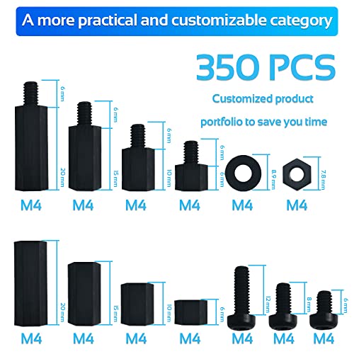 350PCS M4 Black Male Female Nylon Hex Spacer Standoff Screw Nut Set Assortment Kit (Black) for PCB Motherboard Circuit Board - size: 350Pcs M4