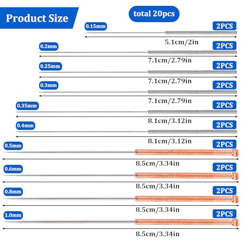 20Pcs 3D Printer Nozzle Cleaning Kit Needles, Stainless Steel Nozzle Unclogger No Clogger Welding Tip Cleaner Tools Accessories for Drills, (0.15, 0.2, 0.25, 0.3, 0.35, 0.4, 0.5, 0.6, 0.8, 1.0mm)