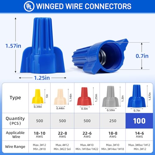 100 Pcs Blue Wire Connectors Nuts, Winged UL Listed Wire Caps - color: Winged Blue-100PCS