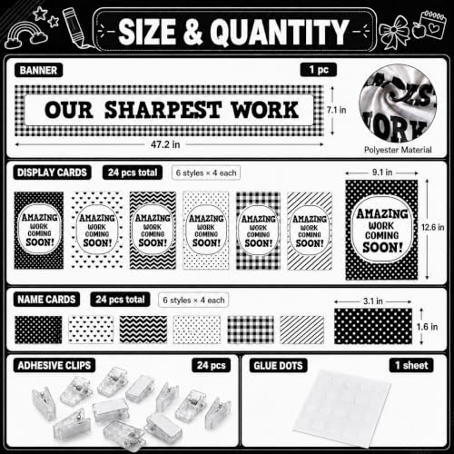Cinrobiye 73 Pcs Black White Student Work Display Bulletin Board Set, Neutral Classroom Decor with Banner, Display Name Cards, Clips, Classroom Bulletin Board Decorations, School Teacher Supplies - color: Black and White