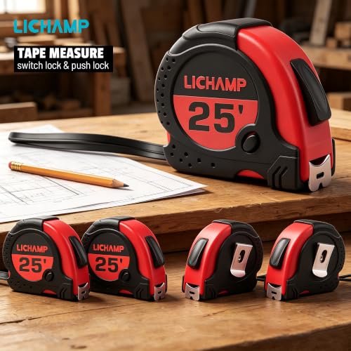 Lichamp 6 Pack 25ft Retractable Tape Measure 1in with 1/8 Fractions, Red - color: Red