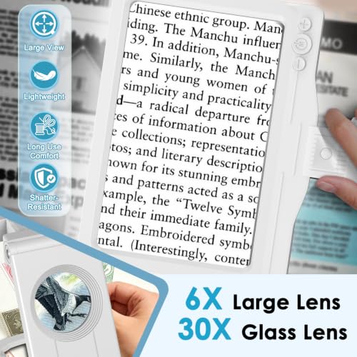 30X 6X Rechargeable Magnifying Glass for Reading, Large Full Page Magnifier with Folding Stand, 3 Color Light Modes, Dimmable LED Lighted, Hands Free Book Magnifier for Low Vision Seniors, White - color: White