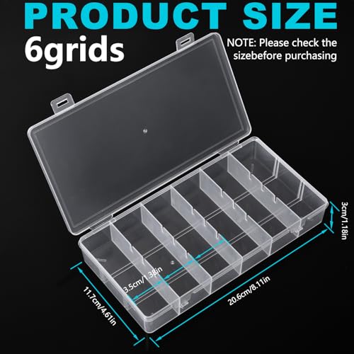 2 Pack Clear Plastic Organizer Box with 6 Grids for Beads, Crafts, Art DIY, Jewelry, Screws, Pins, Fishing Gear, Small Items(No dividers)