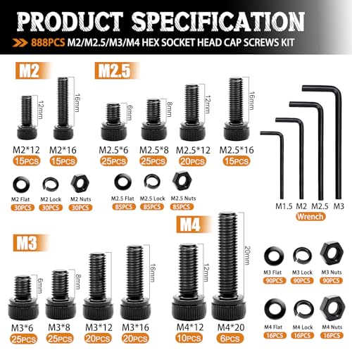mankk 888PCS Metric Screw Assortment Kit M2 M2.5 M3 M4 Hex Socket Head Cap Bolts Nuts & Washers Set 12.9 Grade Alloy Steel Zinc Plated Metric Machine Screws - size: 888PCS M2-M4 Kit