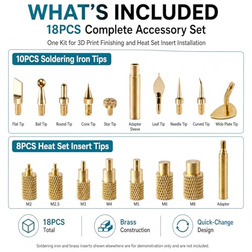 18 Pcs 3D Print Smoothing Tool Kit with Heat Set Insert Tips, Brass Soldering Iron Tips for 3D Printed Parts Finishing, Trimming, Deburring and Threaded Insert Installation