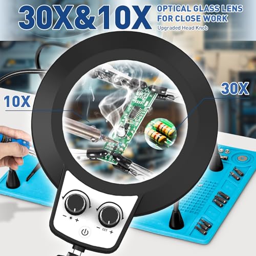 Helping Hands Soldering Station, 10X 30X Magnifying Glass with Light - color: Blue, size: 10.65×15.4-Inch(30X&10X)