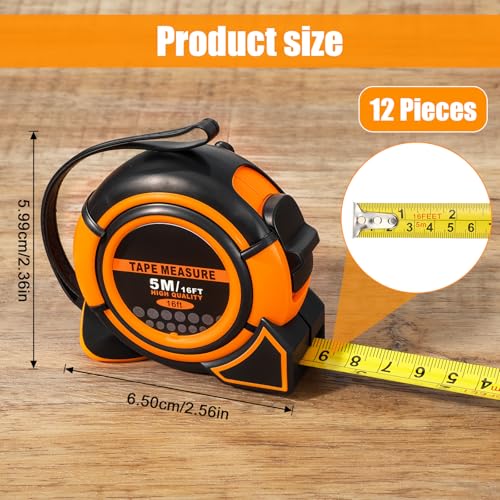 12 Pieces Tape Measure 16 ft Retractable Measuring Tape Bulk with Fractions Marked Easy Read Yellow Measuring Tape Bulk Set for Engineer Contractors, Autowind and Lock