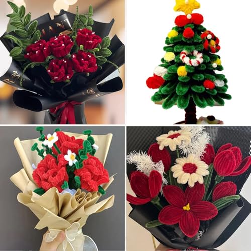 500 Pcs Pipe Cleaners Flower Kit,5 Colors Chenille Stems with Guide&Tools - color: Red