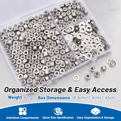 #8-32 Lock Nut 360Pcs Stainless Steel Nylock Locking Nuts with Washers - size: locknuts-#8 360pcs