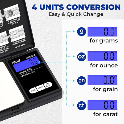 American Weigh Scales Digital Pocket Scale 600g x 0.1g with LCD Display Gram, Ounce, Carat, Grain for Coins, Jewellery, Gemstones, Metals, Kitchen, Food & Medicines – Black - color: Black, size: 600g x 0.1g
