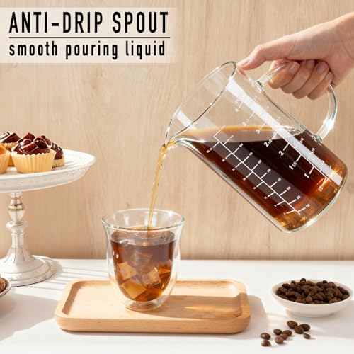BCnmviku Glass Measuring Cup, Insulated handle, V-Shaped Spout, High Borosilicate Glass Measuring Cup 1000ML、 /1 Liter, 4 Cup for Kitchen or Restaurant, Easy To Read (1000ml-1pcs)