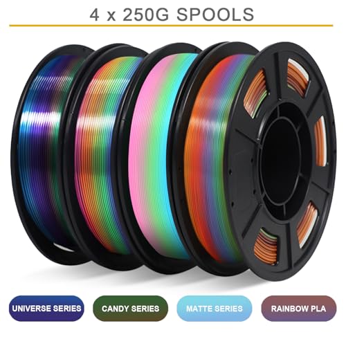 RepRapper Rainbow PLA Filament, Shiny Multicolor Silk PLA 1.75 mm Filament (+-0.03 mm), Sparkle Fast Change Multi-Color Matte 250g*4 Sample Pack 3D Printer Filament for 3D Printer,250g*4 - color: Rainbow-1.75mm-blue Yellow-new