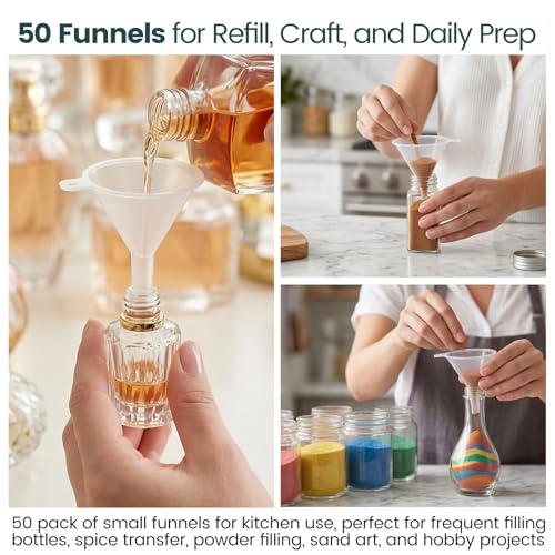 JOHOUSE 50PCS Mini Funnel for Lab Bottles, Sand Art, Perfumes, Spices, Powder, Essential Oil, Recreational, Kitchen Use Food Grade Clear Plastic Small Funnels - size: Small