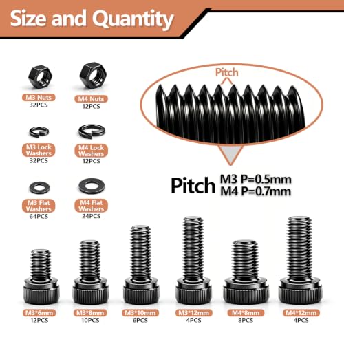 M3 M4 Screws Kit, Hex Socket Head Screw, Metric M3 M4 Bolts Nuts, 220PCS
