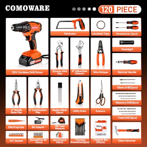 COMOWARE Household Tool Set with 20V Cordless Drill Driver, 120Pcs Hand Tool Kit for Men, Power Drill Set with Plastic Toolbox, Ideal for Office, Garden, DIY Project - color: Orange