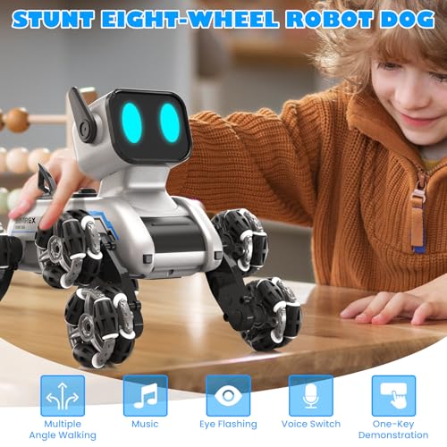 SIMREX Robot Dog RC Stunt Car Toys - Gesture Sensing Remote Control car with Mecanum Wheels, LED Eyes, 3 Sound Effects, Birthday Gift for Kids Boys Girls - color: Silver