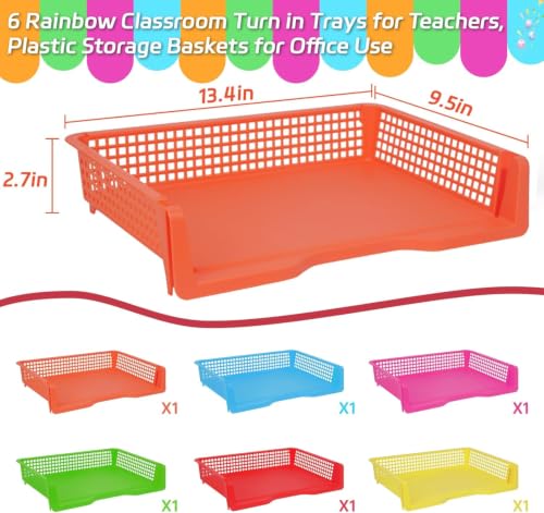 ZZYFGH 6 Pack Turn in Trays Classroom, Colorful Turn in Trays for Teachers, Plastic Classroom Paper Organizers, Stackable Tray for Classroom, Library, Drawers, Office Desk(13.4 * 9.5 * 2.7in) - color: Wide Mouth Rectangular