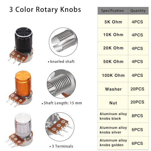 Taiss 80PCS Potentiometer Kit,WH148 B5K 10K 20K 50K 100K Ohm Single Linear Taper Rotary Audio B Type Potentiometers with Rotary knobs and Nuts, Washers - color: Gold silver black-80PCS