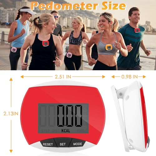 Copkim 9 Pcs Simple Pedometers Bulk for Walking Steps and Miles Walking Step Counters with Calories Burned Portable Clip Step Tracker for Seniors Man Women Jogging Hiking Running - color: Red, Pink, Yellow