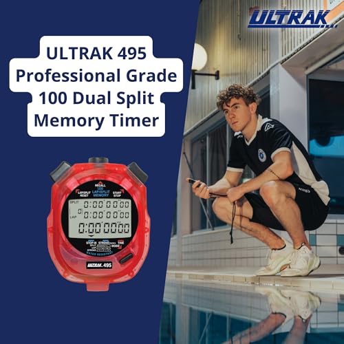 ULTRAK 495 Stopwatch – Red Professional 100-Lap Digital Timer, Countdown Interval Tracker, Water-Resistant Sports Watch, Chronograph for Coaching & Training - color: Red
