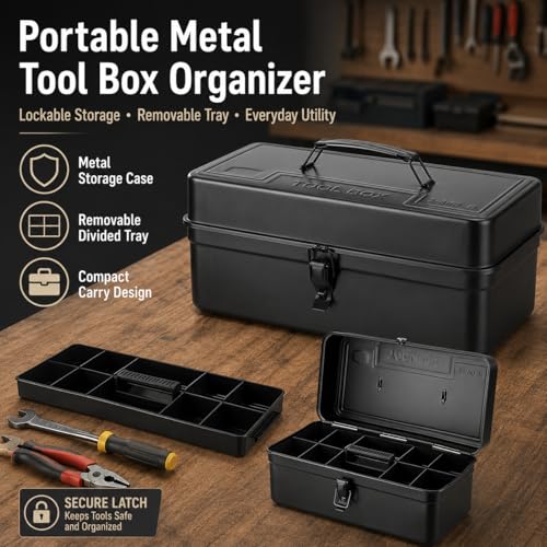 Portable Small Metal Tool Box & Parts Organizer – 14.2" x 6.8" x 6.5" Lockable Storage Case with Removable Plastic Dividers, for Craft Supplies, Garage Hardware, Screws, Home Projects – Black - color: Black