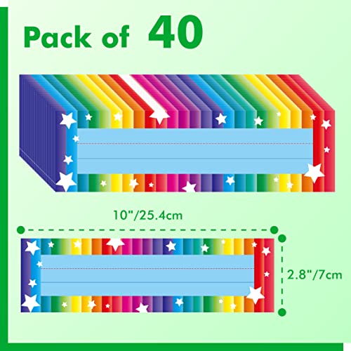 40PCS Desk Nameplates, Desk Name Tags with Double Sided PET Film Colorful Student Name Labels Erasable & Reusable Traditional Manuscript Name Plates for School Classroom Organization (10” x 2.8”) - size: 10" x 2.8", style: Rainbow Stars