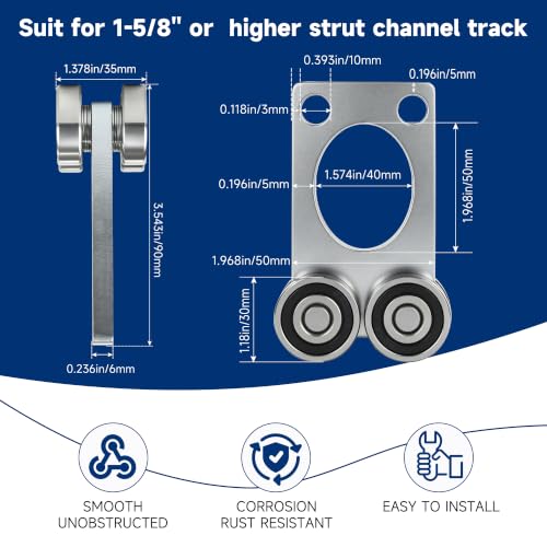 4 Wheel Trolley Assembly Rollers.Bearing Trolley Assembly.The top of the Trolley has Room for Set Screws, Allowing the use of a 1-5/8" high Strut Channel - style: A-4Wheel Trolley 2pcs