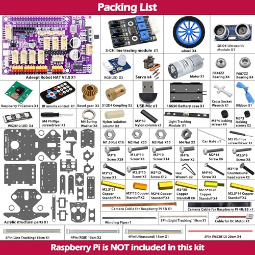 Adeept PiCar-B Mars Rover Smart Car Kit for Raspberry Pi 5/4B/3B/3B+, Obstacle Avoidance, Line Tracking, Light Tracing, Camera, Speech Recognition, Python, PDF Tutorials(Raspberry Pi NOT Included)