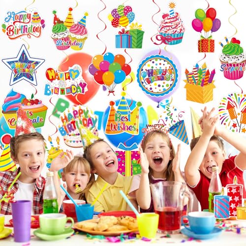 40Pcs Birthday Hanging Swirl Decorations, Colorful Cupcake Balloons Hat Sign Swirl Decor Happy Birthday Hanging Ornaments for Boy Girl Kid Party Supplies - color: Birthday