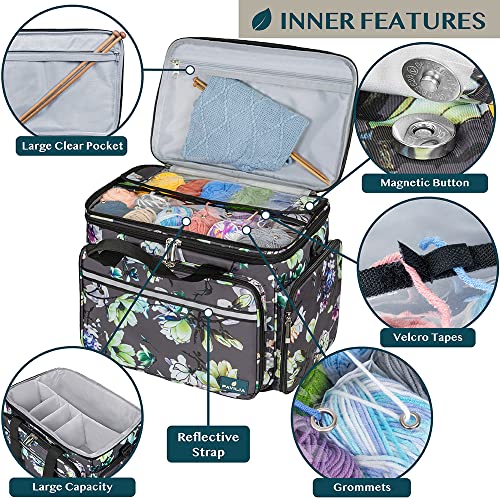 PAVILIA Knitting Yarn Storage Bag Crochet Knitter Organizer, Floral Grey - color: Floral Gray