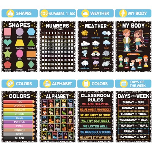 Classroom Educational Posters- Black Educational Learning Posters For Toddlers 1-3, Teacher Classroom Must Haves Supplies Essentials, ABC Alphabet & Number Learning Charts for Preschool Kindergarten- 16pcs 15.7"x11" - color: Classroom Educational Posters-