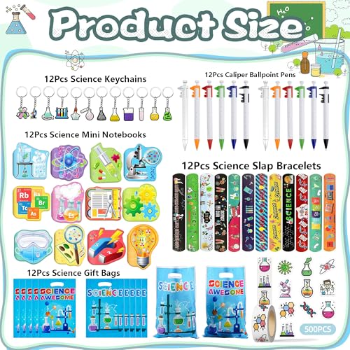 Science Party Gift Set with Mini Notebooks Ballpoint Pen Keychains Slap Bracelets Stickers and Goodie Bag for Science Themed Party Supplies Teacher School Gifts Lab Week Chemistry Class Reward
