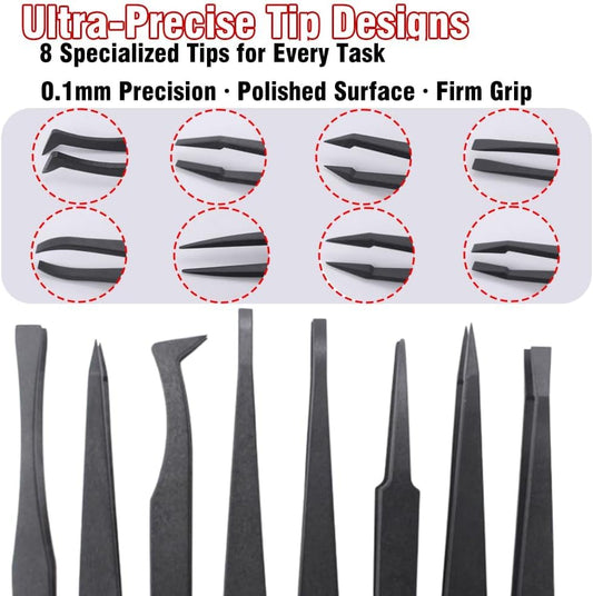 8-Piece Anti-Static Precision Plastic Tweezers Set - 4.5 Inch Curved & Straight Tip Tweezers for Electronics, Watch Repair, Crafts, and Lab Work