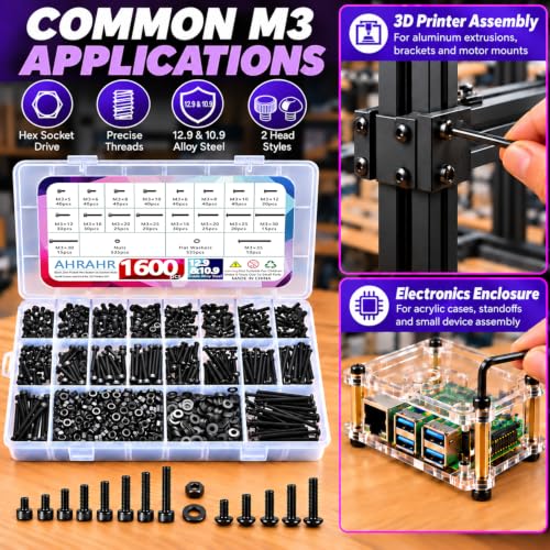 M3 Metric Screw Kit, 1600 Piece, 10.9 Button and 12.9 Cap Head - color: Black-Hex Socket Cap & Button Head 1600 Pcs