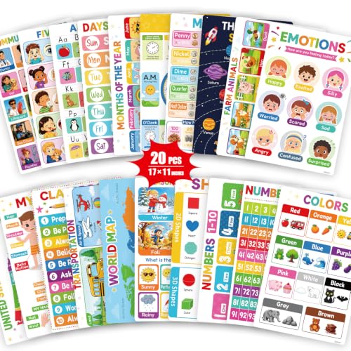 Laminated Educational Posters for Classroom, Preschool Learning Posters - 20 PCS Kindergarten Classroom Decor with Alphabet, Numbers, Weather, Emotions Charts, Teacher Supplies with Rounded Corners