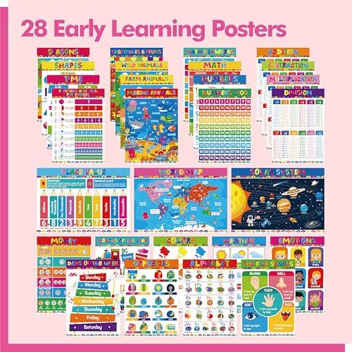 28 Educational Posters for Kids, All-in-One Set Learning Posters-Alphabet, Animals, Multiplication Chart, USA, World Map, Shapes, PET Film Coated School Supplies For Kindergarten, Preschool, Classroom - color: 28 Educational Poster -A