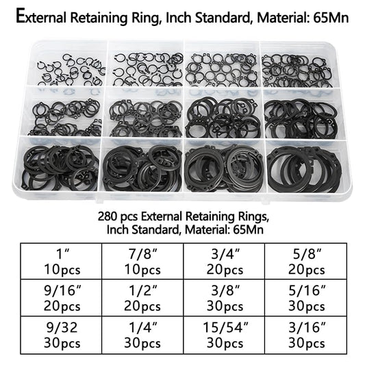 External Shaft Retaining Ring Assortment Kit, Black Carbon Steel Circlips, Multiple Sizes with Storage Case
