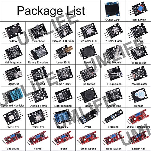 38 in 1 Sensor Module Kit Project Super Starter Kits for UNO R3 Mega2560 Mega328 Nano Raspberry Pi 3 2 Model B K62 37 in 1 Sensor Modules + 0.96‘’ 4PIN OLED Compatible for Arduino Raspberry - color: 38 in 1
